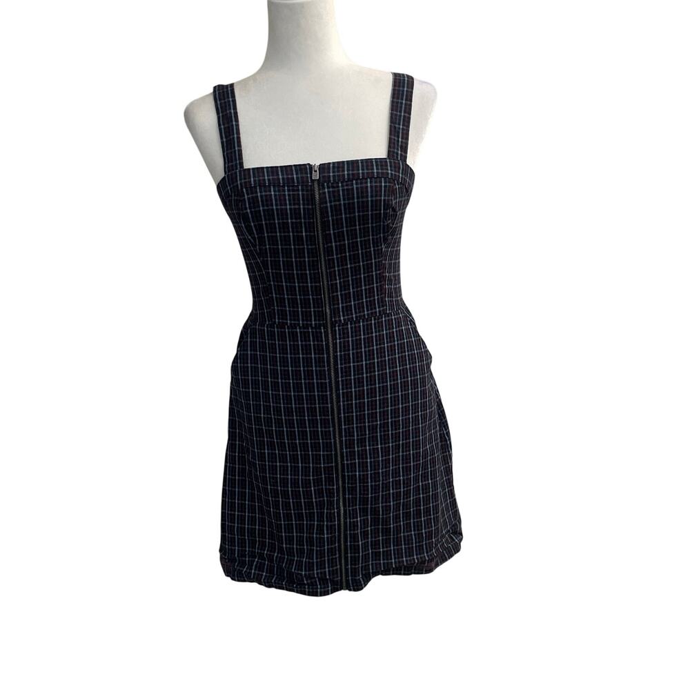 Hollister Preppy-Y2K Plaid Zip Front Mini Dress Sz S Adjustable Straps-Pockets